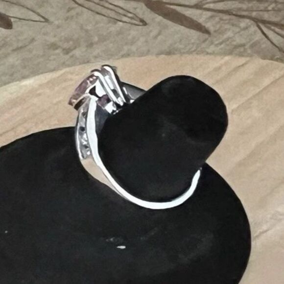 Pink and Clear Cubic Zirconia Silver Tone Solitaire Ring Sz 6 Marked GR - Picture 6 of 10